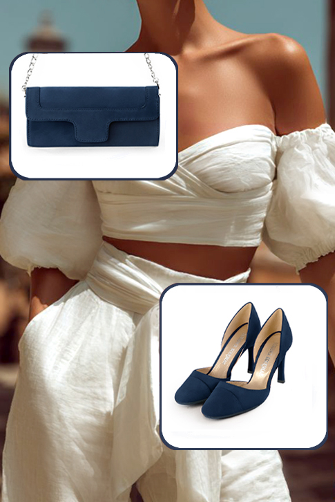 Dress pumps open arch in navy blue leather with high slim heels and round toe - Worn view